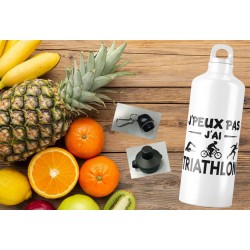 Gourde en aluminium - "J'peux pas j'ai triatlon" avec deux types de bouchon