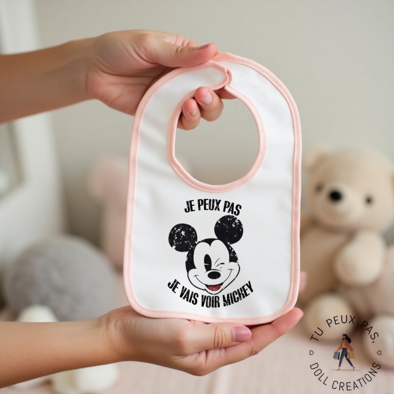Bavoir Je peux pas je vais voir Mickey - Rose ou Bleu