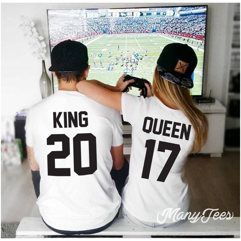 T-Shirt King / Queen pour couple avec impression dans le dos et numéro personnalisable