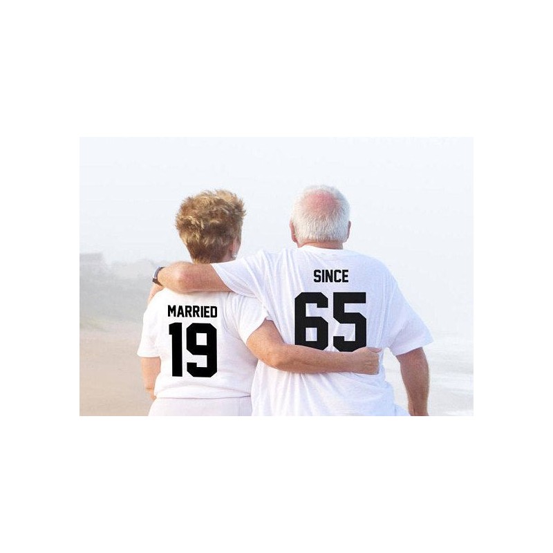 T-Shirt Married / Since pour couple avec impression dans le dos et numéro personnalisable