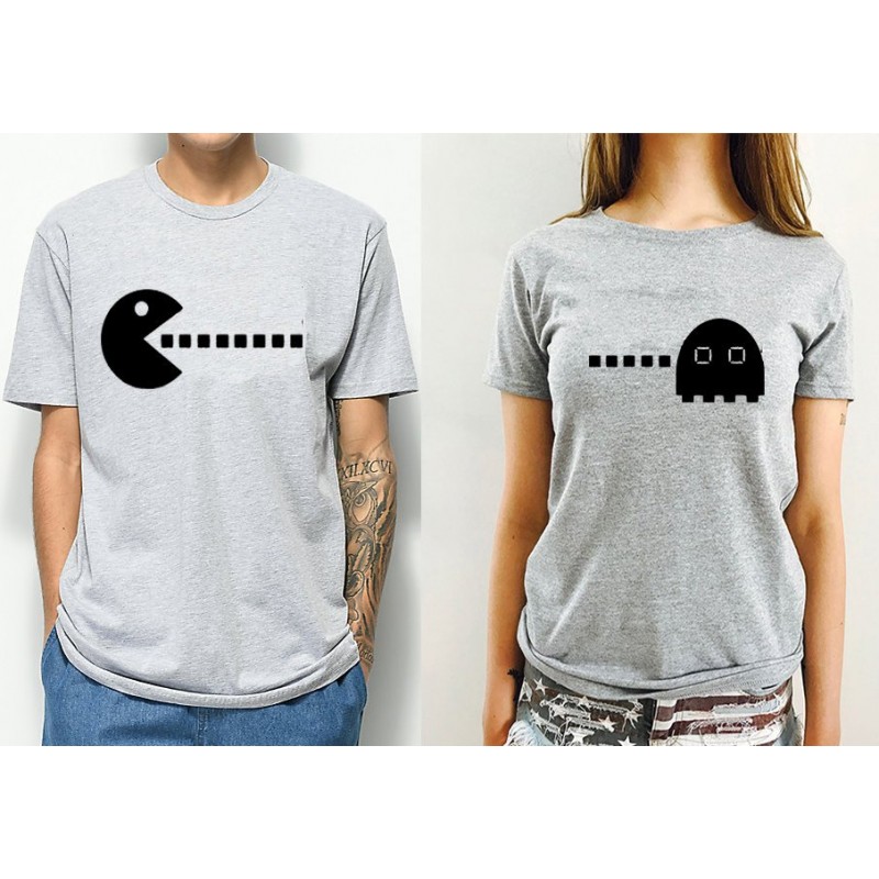 T-Shirt Couple Gamer Pacman gris - Coffret cadeau