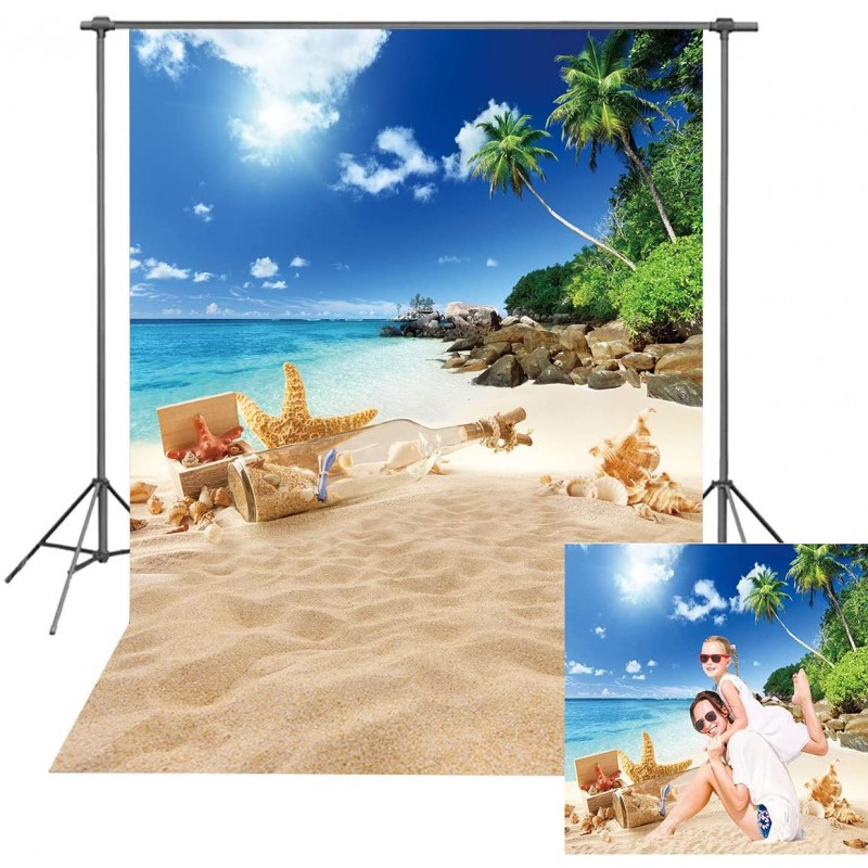 Toile de fond d'été pour photographie avec plage tropicale et île  hawaïenne, palmiers pour enfants