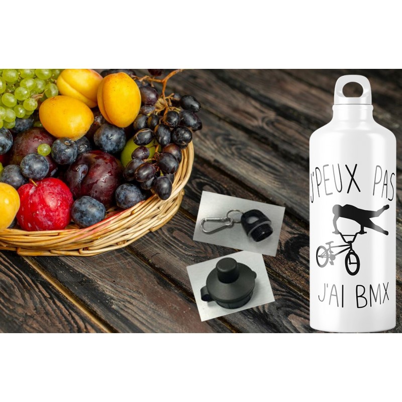 Gourde en aluminium - "J'peux pas j'ai BMX" avec deux types de bouchon